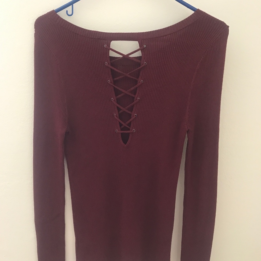 Express maroon lace up sweater medium
